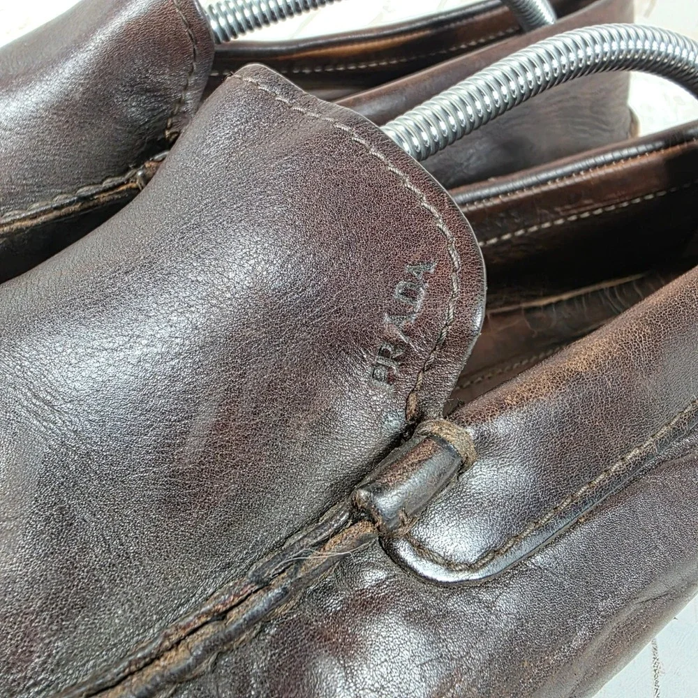 Prada Mens Brown Leather Driving Loafers Slip On Designer Moccasins Italy